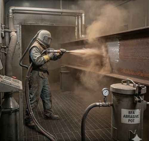 Sand blasting with abrasive material